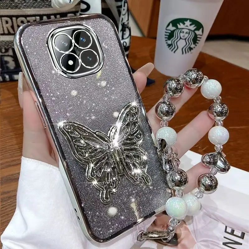 Glitter Plating 3D Butterfly Phone Case with Bead Bracelet Holder