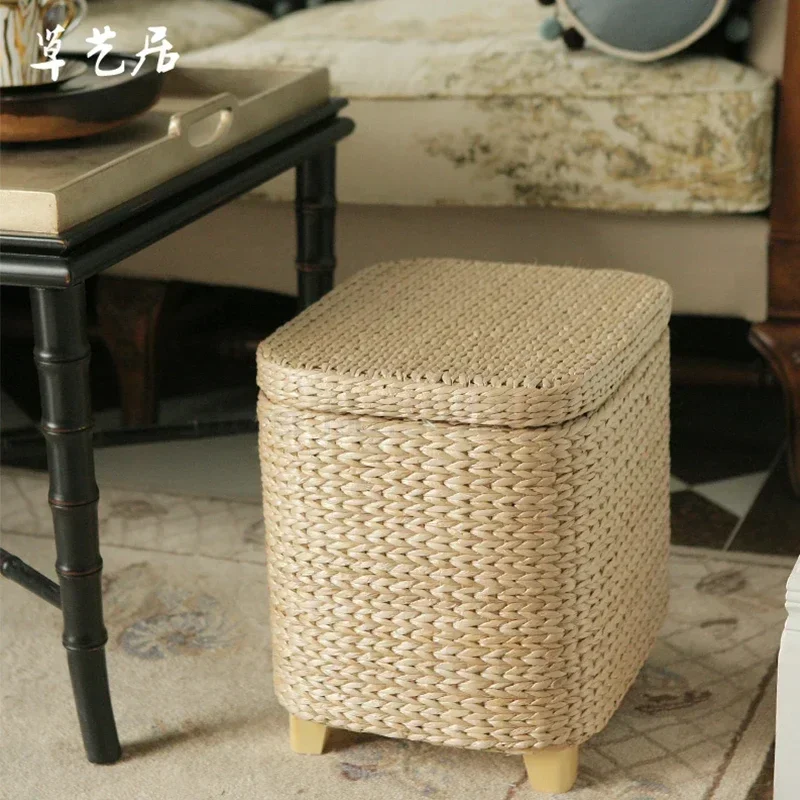 Solid Wood Rattan Storage Stool, Rattan Shoe Bench, Sofa Stool for Makeup, Durable Seating Furniture for Bedroom and Living Room