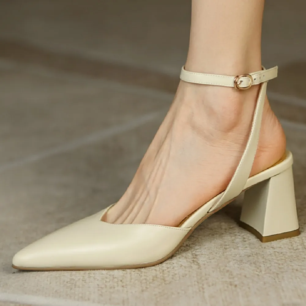 

Women's genuine leather thick high heel pointed toe ankle strap sandals elegant ladies slim daily summer dress single shoes sale