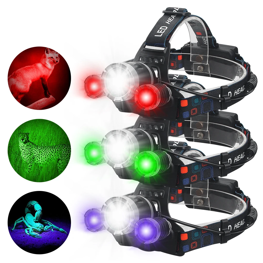 

Outdoor Red/Green/Purple Light Headlight UV395nm Headlamp 4 Gear LED Beekeeping Headlight Hunting Scorpion Catcher Headlight