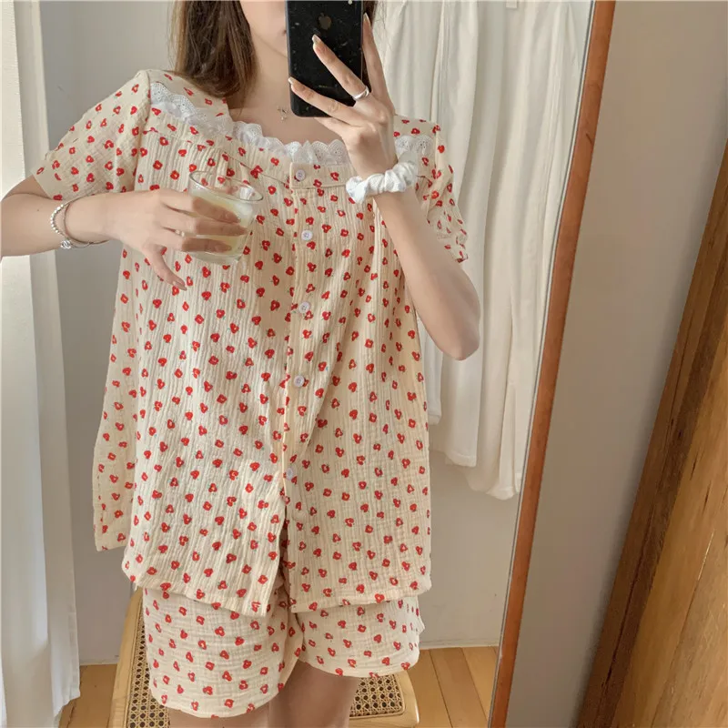 

Floral Print Student Pajama Set Lacework Tops Shorts Sleepwear Out Wear Cotton Gauze Home Clothes Summer Women Pijamas D373