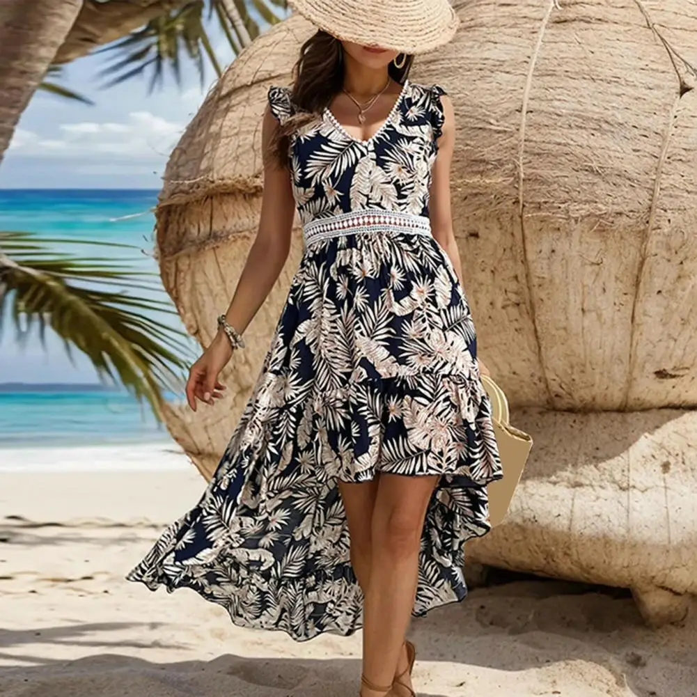 

Elegant Summer Dress V Neck Irregular Leaf Print Sleeveless Back Zipper Closure Summer Beach Boho Dress long dresses vestidos