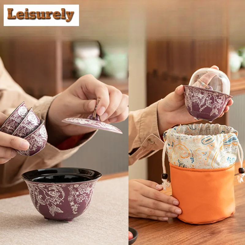 Gilt Silver Ceramic Travel Tea Set Kit Antique 1 Bowl 3 Cups Tea Maker Organizer Portable Camping Tote Bag Supplies Decoration