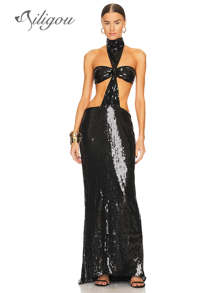 

Новинка 2023, летнее женское черное платье Ailigou с блестками, сексуальное облегающее длинное платье без рукавов с открытой спиной в стиле Звезд