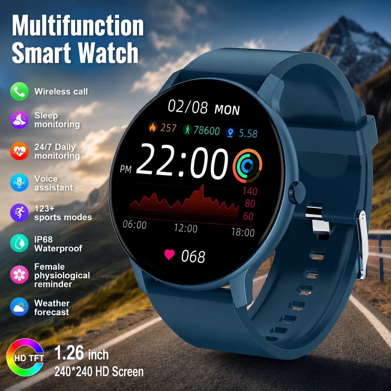 LIGE Nuovo Smartwatch per Uomo e Donna, Compatibile con Android e iOS, Schermo HD da 1,26'', Chiamate Bluetooth, Monitoraggio Ossigeno nel Sangue e Pressione Sanguigna