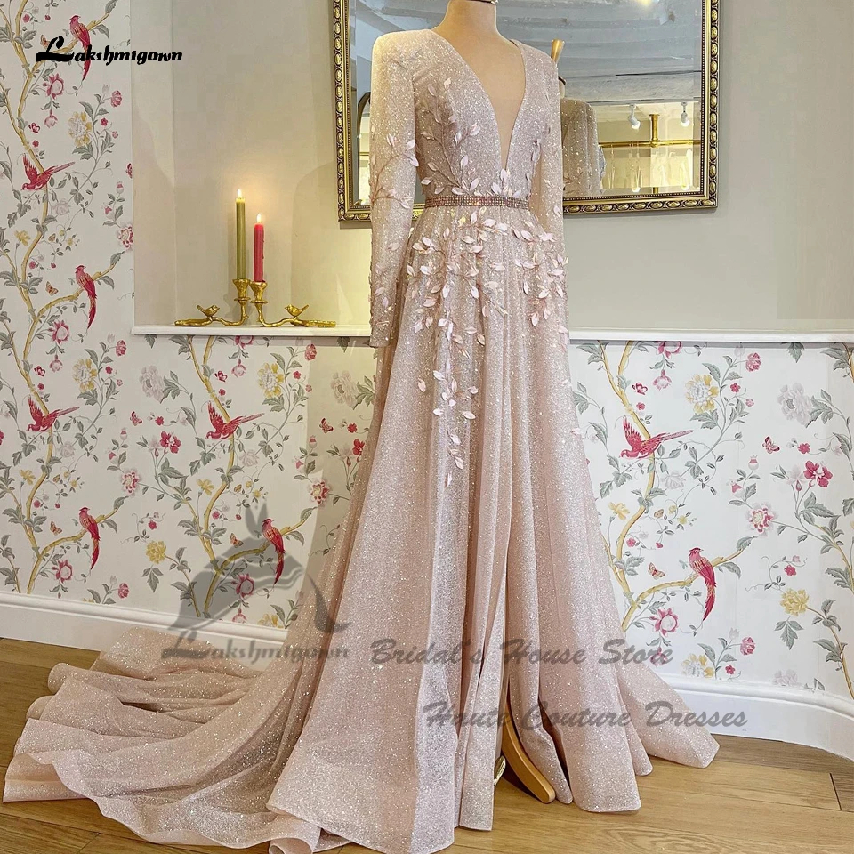 

Lakshmigown Блестящие Свадебные платья с длинным рукавом и блестками, цветочные кружевные свадебные платья в стиле бохо для чеков, вечерние платья 2023