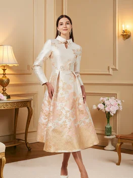 Champagne Pink Jacquard Dress Flared Hem 1