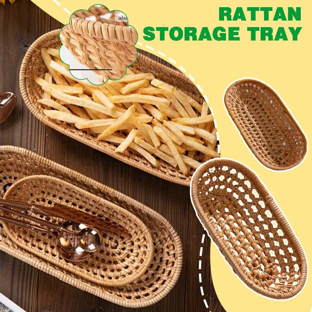 

Kitchen Rattan Storage Tray Round Oval Basket Hand-Woven Wicker Tray For Bread Basket Fruit Food Breakfast Display Plate Tools