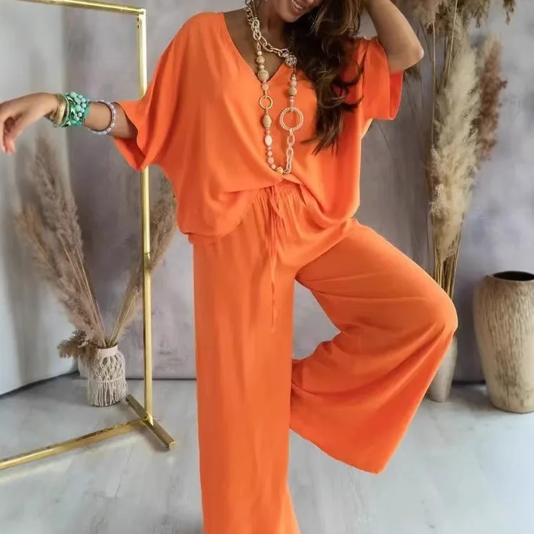 Women’s 2-piece vacation outfit V-neck blouse and wide leg beachwear pants set orange
