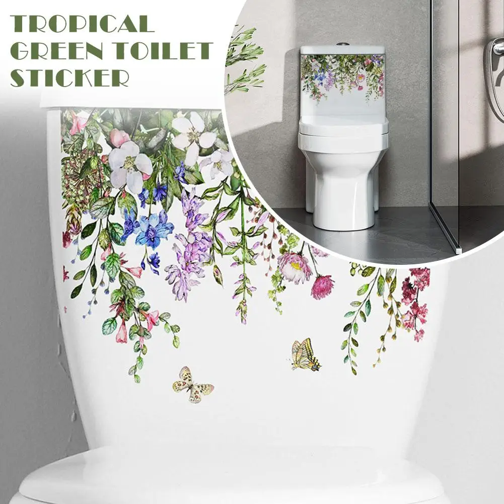 Toilet Stickers Green Plants Flower Leaves Butterfly Wall Sticker Bathroom Floral Self Adhesive PVC Mural Home Decoration Decals
