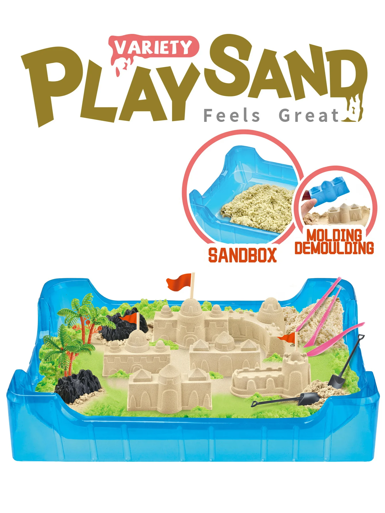 Moldable Play Sand Kit, Colorful Beach Sand, Magic Sand Art Kit with Sandbox Storage 300-500g for Choice Sensory Toys for Kids 5