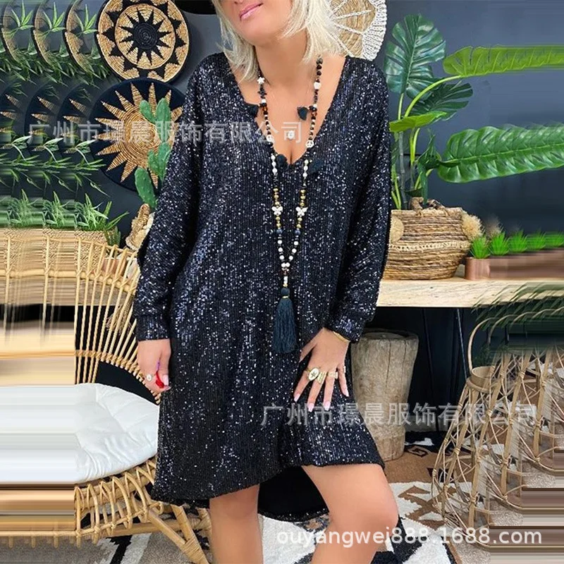

Elegant and Pretty Women's Dresses Autumn and Winter 2023 Autumn New Women's Sequin Loose Plus Size Long Sleeve Dress