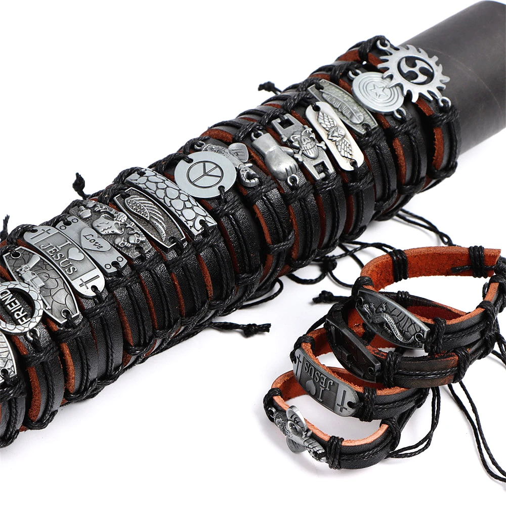 Wholesale Lots 30pcs Mixed Styles Vintage Alloy Leather Cuff Bracelets Jewelry - Foto 3