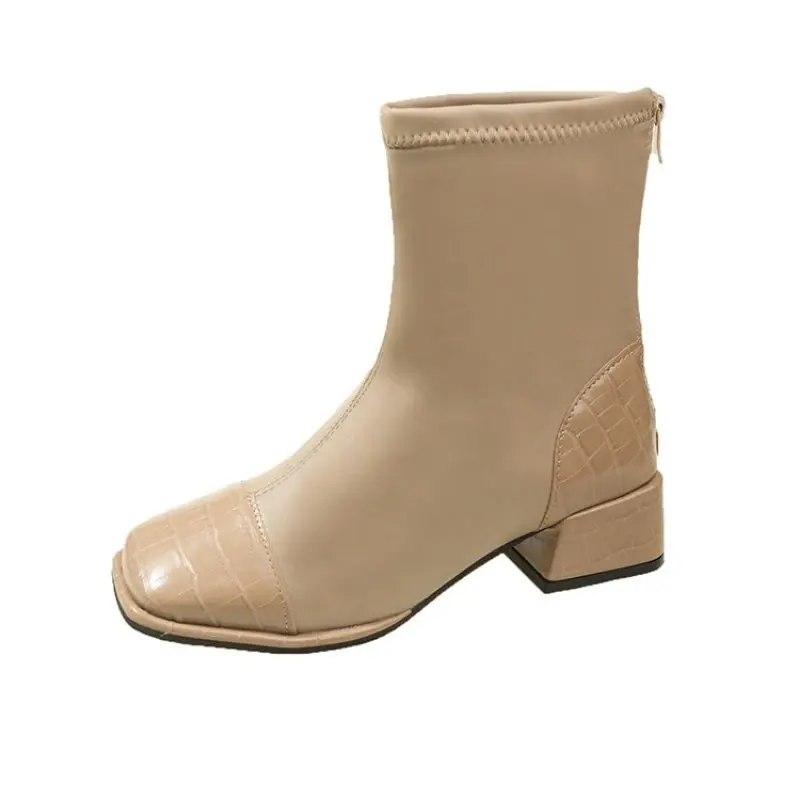 2024 Elegant Texture Embossed Square Toe Ankle Boots Woman Winter Warm Plush Lined Stretch Booties Ladies Low Heel Back Zipper