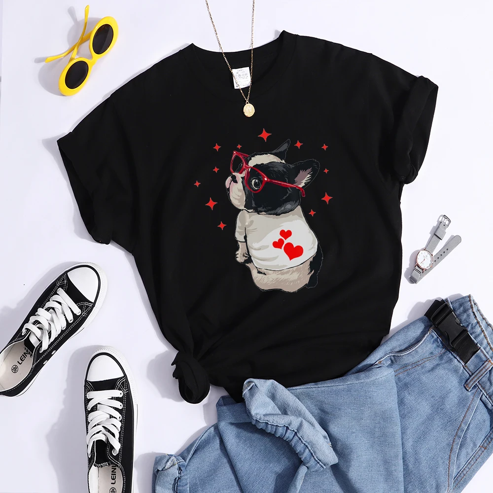 T-Shirt femme, humoristique et mignon, avec chien américain Boston Terrier, à la mode, Cool, de rue, Hip Hop, doux et respirant, 715_voghion.com