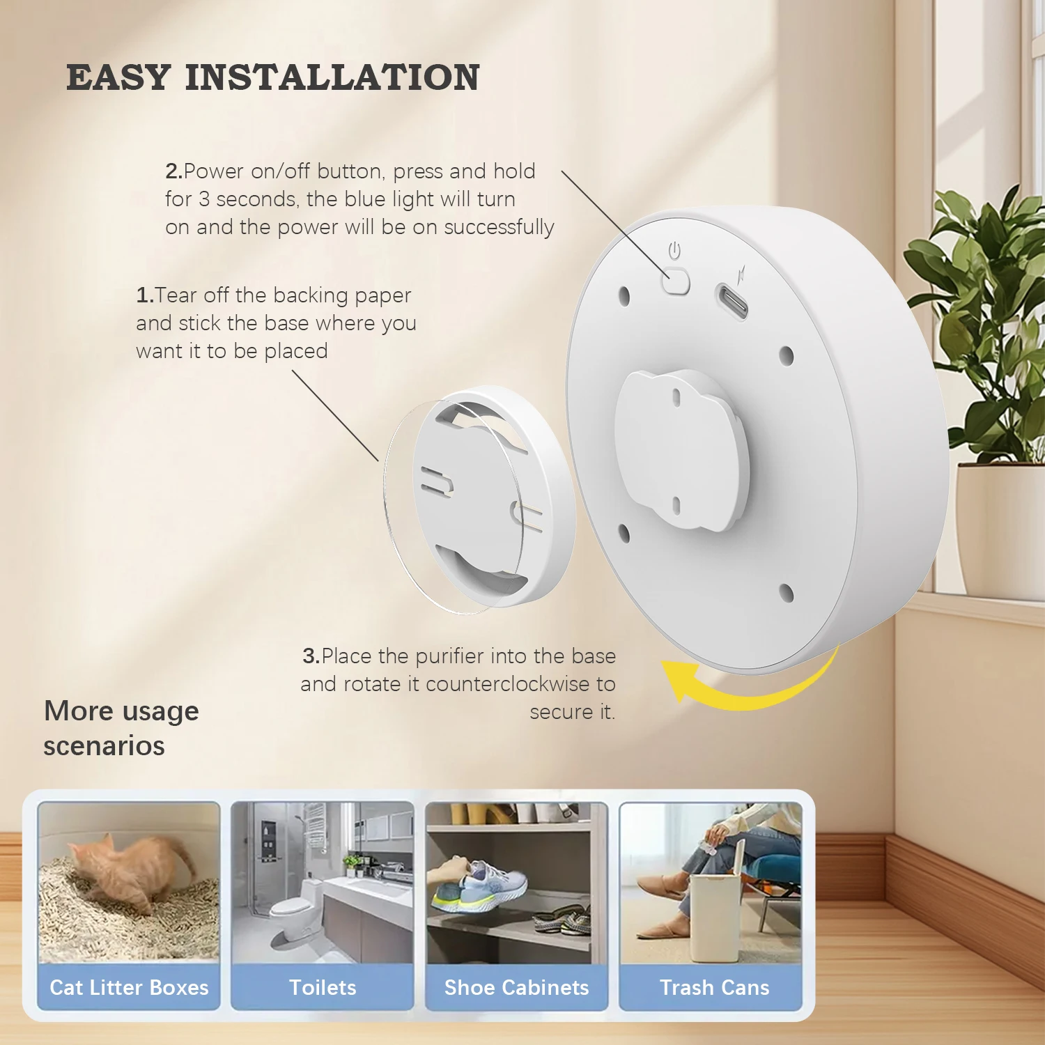 Smart Pet Odor Purifier Auto Sensor Cat Litter Box Deodorizer Silent Rechargeable Odor Remover for Pet Areas Toilets and Shoe Cabinets
