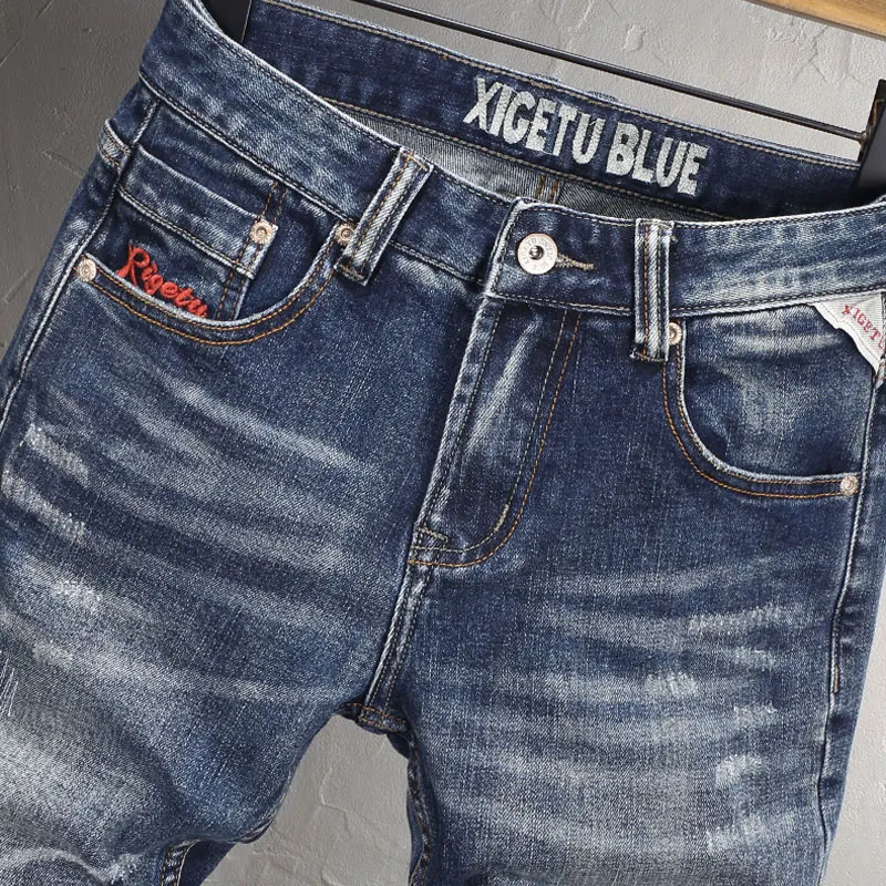 Italian Style Fashion Men Jeans Retro Washed Blue Elastic Slim Fit Ripped Jeans Men Embroidery Designer Vintage Denim Pants