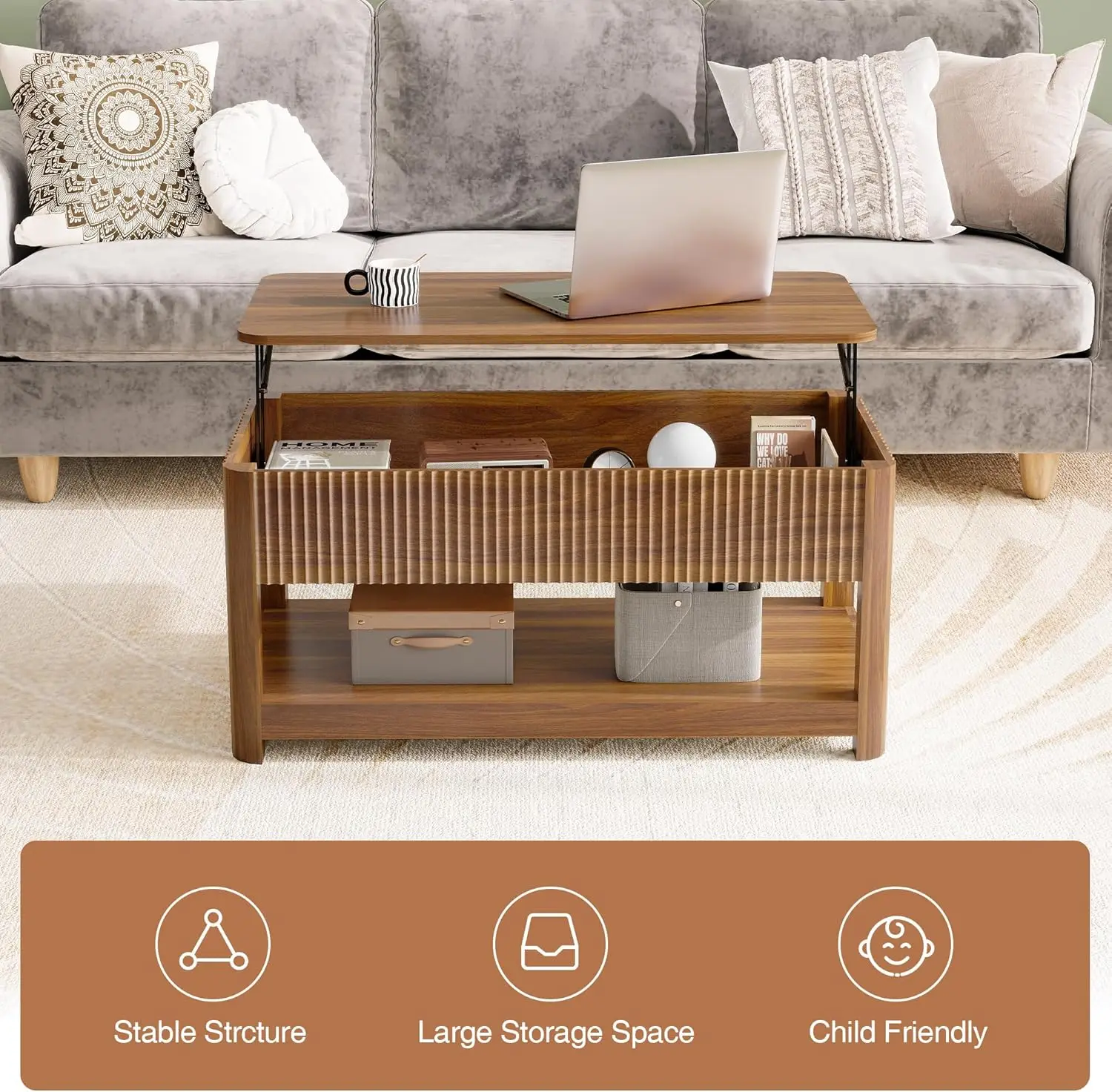 Lift Top Coffee Table with Storage, Mid Century Modern Coffee Table with Hidden Compartment, Fluted Wood Center Table