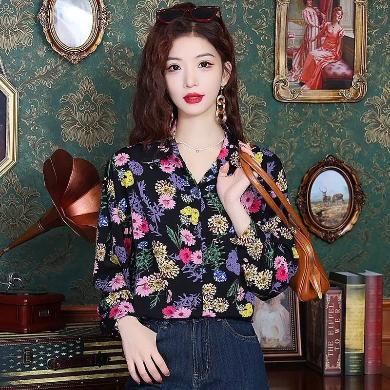 Women Stylish Vintage Floral Print Shirt Elegant Turn Down Collar