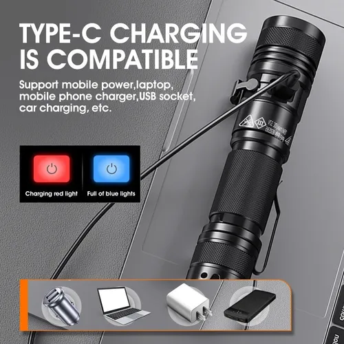 울트라 브라이트 LED 손전등, LED 핸드 램프 구슬, 방수 토치 줌, 풀 파워 방수 손전등, USB C 타입 랜턴 5
