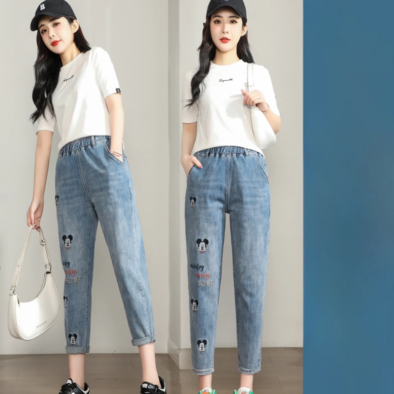 Potdemiel Cartoon Embroidery Harem Jeans Female 2024 New Eight Denim Pants Spring And Summer Show Skinny Cropped Pants Trousers