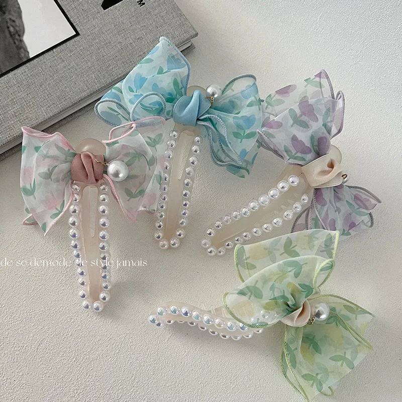 

Корейский тюльпан с принтом, сетчатый жемчуг, бант для волос, аксессуары для волос для девушек, аксессуары для волос, женские головные уборы, заколки