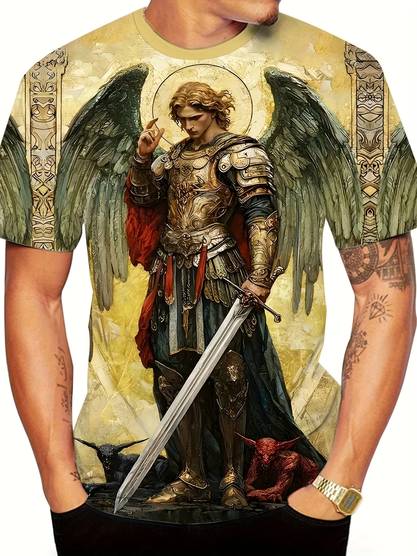 Herren-T-Shirt mit Rundhalsausschnitt, 3D-Druck, Erzengel, Heiliger Michael, Schwert, Dämon, Vintage-Kunstdruck, lässige Oberteile