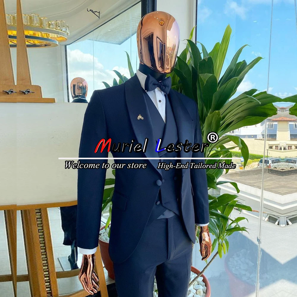 

Classic Suits Men Slim Fit Deep Blue Groom Wedding Tuxedos Tailored Made 3 Pieces Blazers Sets Formal Business Man Clothing 2022