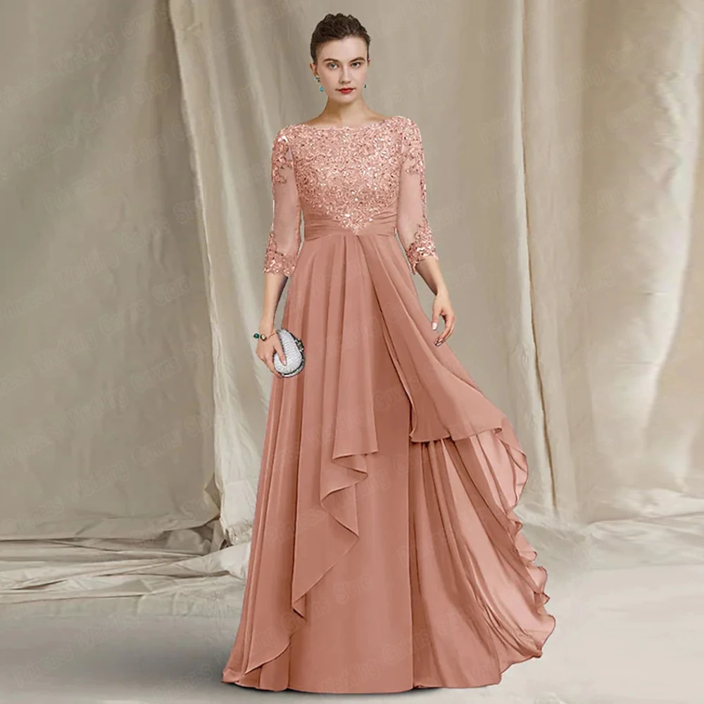 Long Wedding Guest Party Dress for Woman Appliue Floor Length Chiffon Formal Mother Of The Bride Gown Plus Size A Line 3/4 Sleeve mother bride dresses