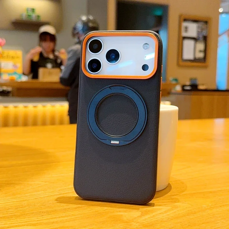 Magnetic Luxury PU Leather Case with Rotatable Ring Stand and Anti-Fall Protection