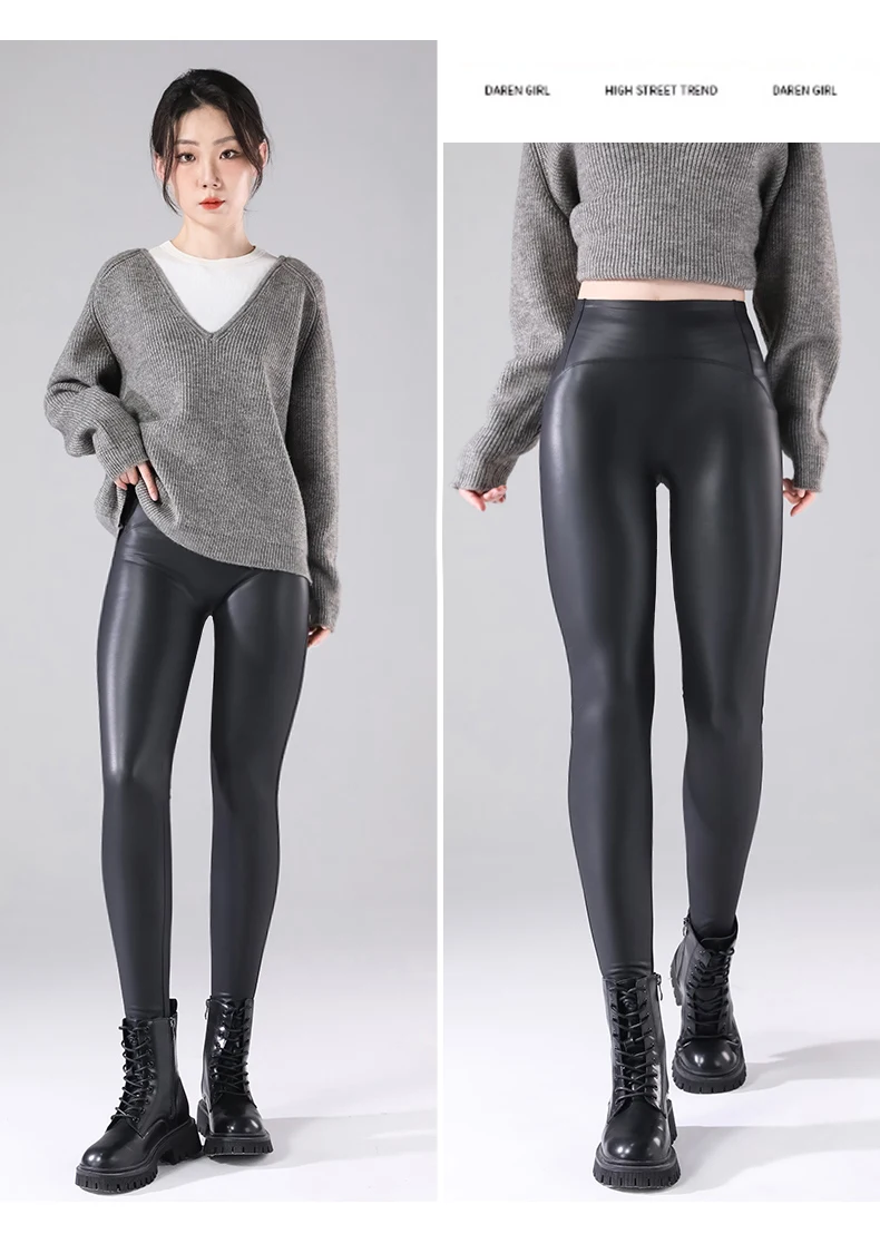 BIVIGAOS Fall Winter Wine Red Matte PU Leather Leggings Women High Waist Slim Elastic Fleece Warm Sexy Leather Pants