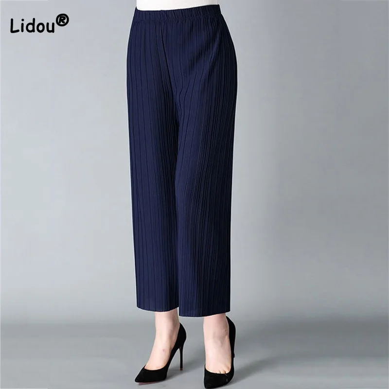 Summer Women Korean Chiffon Bouffancy Pants Casual Elastic High Waist Solid Loose Nine Points Wide Leg Trousers Mom's Costume latest coat pants designs white men classic suits casual business man wear groom tuxedos costume homme 2piece jacket trousers