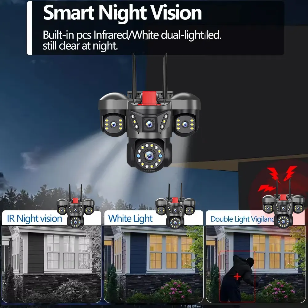 20MP 4 Lens Home Security WiFi Camera Outdoor 10K Wireless 4 Screen 16X Zoom PTZ 360° Surveillance Cameras Auto Motion Detection 4
