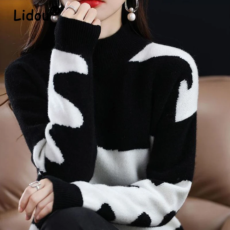 

Fall Winter Harajuku Streetwear Half High Collar Contrast Color Loose Knitted Sweaters Women Casual Long Sleeve Pullovers Jumper
