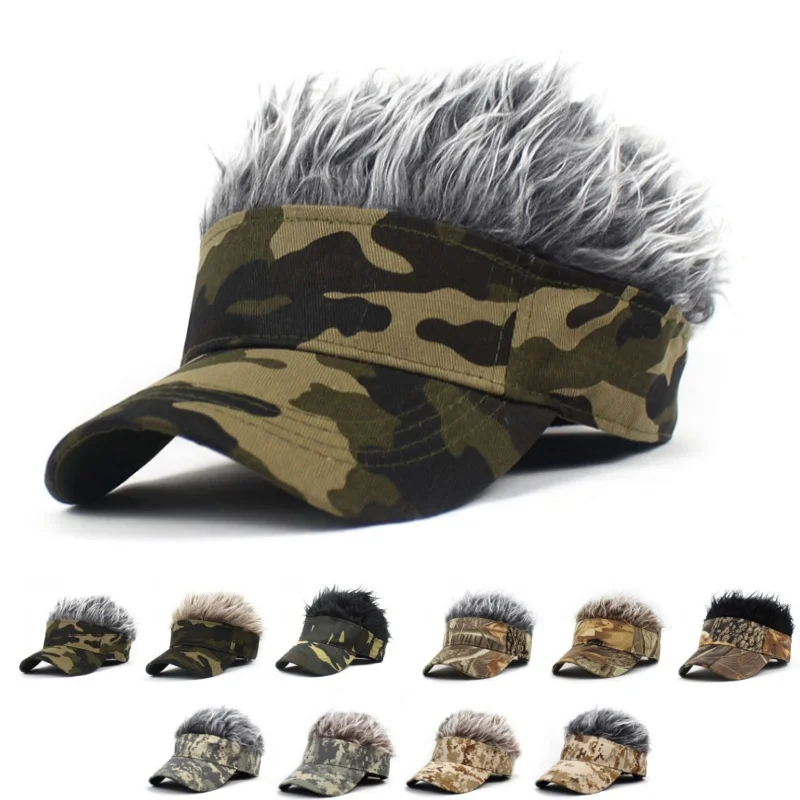 Men Baseball Cap With Spiked Hairs Wig Unisex Fake Wigs Hip Hop Sunhat Outdoor Camouflage Printed Jungle Cycling Sunshade Visors 3