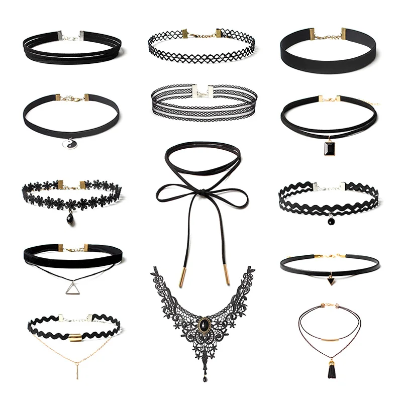 

14pcs/set Woman Black Punk Choker Rock Gothic Style Chokers For Women Sexy Party Club Necklace Pendant Statement Jewelry Black