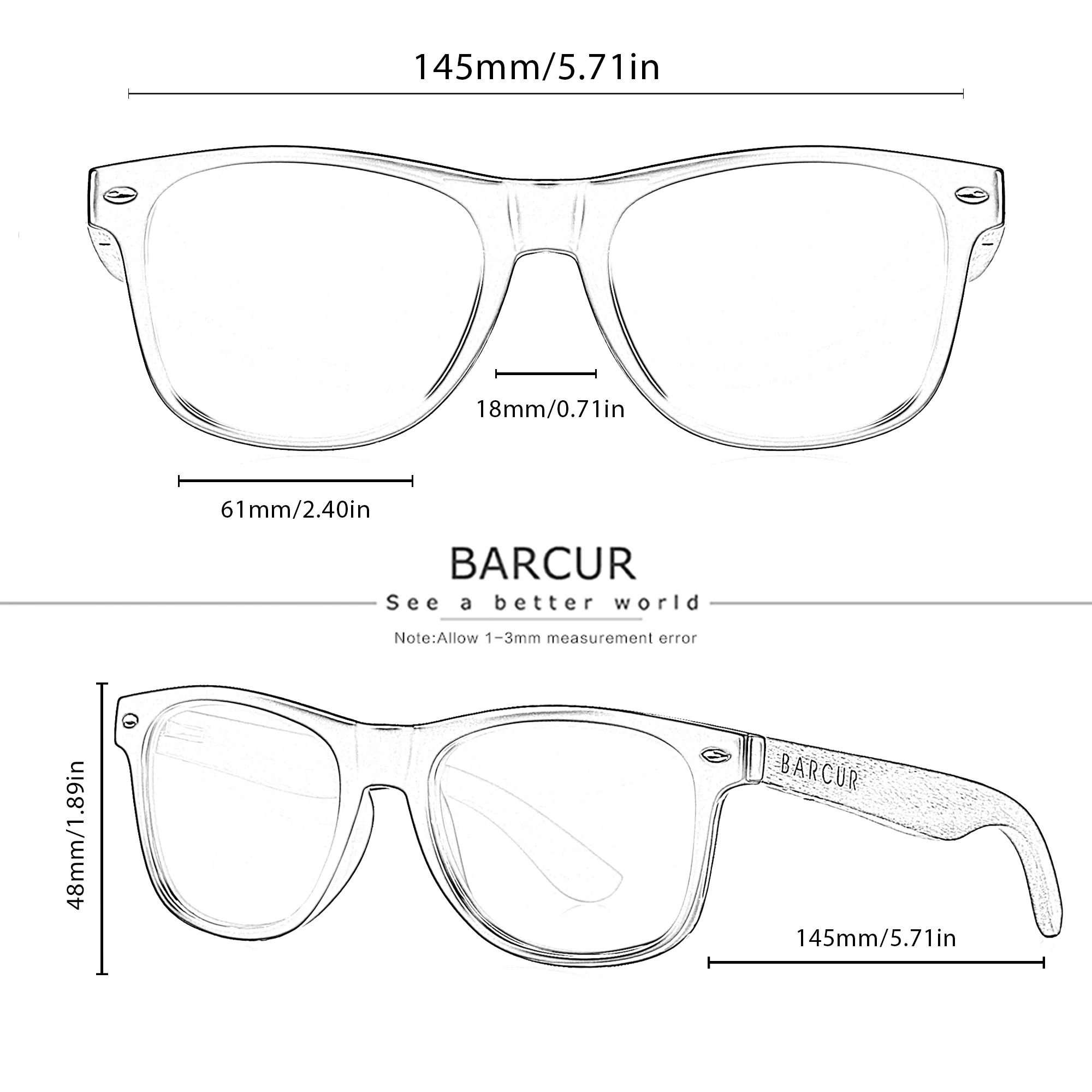 Barcur natur holz sonnenbrille polarisierte herren sonnenbrille schwarz walnuss brille uv400 schutz – Detail 1