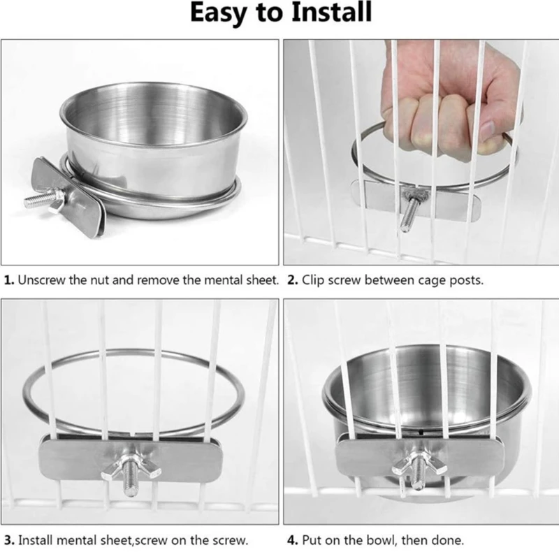 Parrot Feeding Cups Bird Feeder Dish Removable Stainless Steel Food Bowls with Clamp Holder for Cage for Small Animals Bird Cage