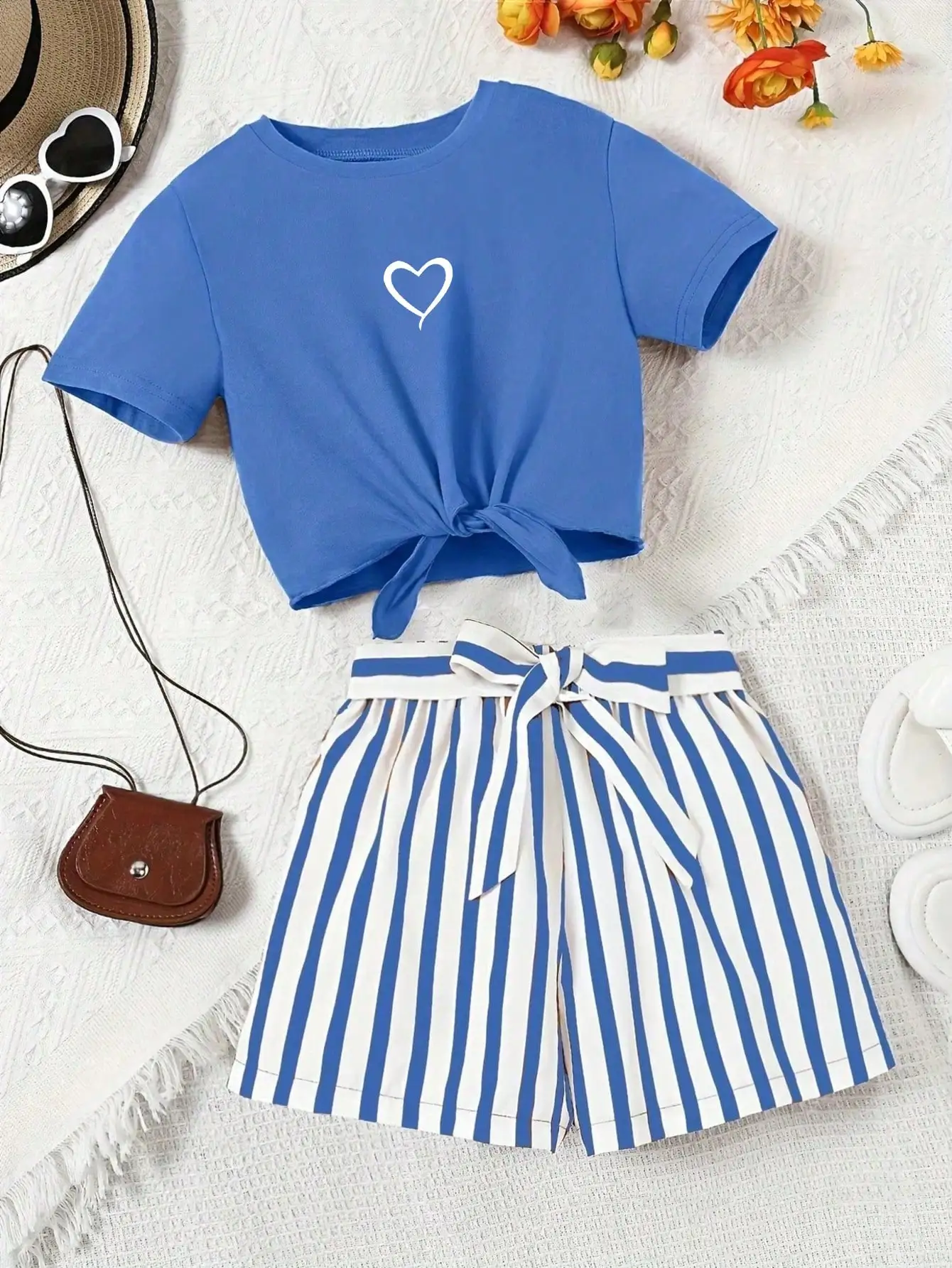 Women's casual daily short sleeved love printed+striped printed shorts 2-piece set with random belt striped children's clothing 4