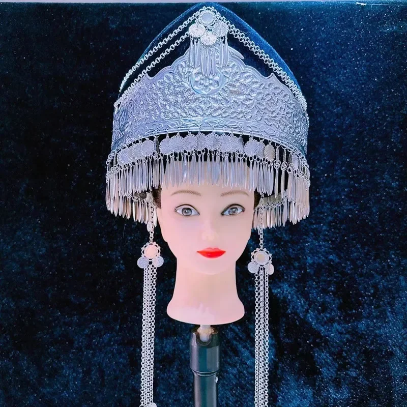

Beautiful Chinese Miao Silver Hat For Women Vintage Bride Military Hat With Tassel Festival Performance Headwear