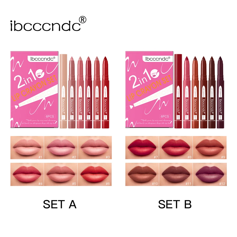 12 Farben Wachsmalstift Lippenstift Set - Matte Lip Crayons Wasserfest & Mit Spitzer | Set A + B