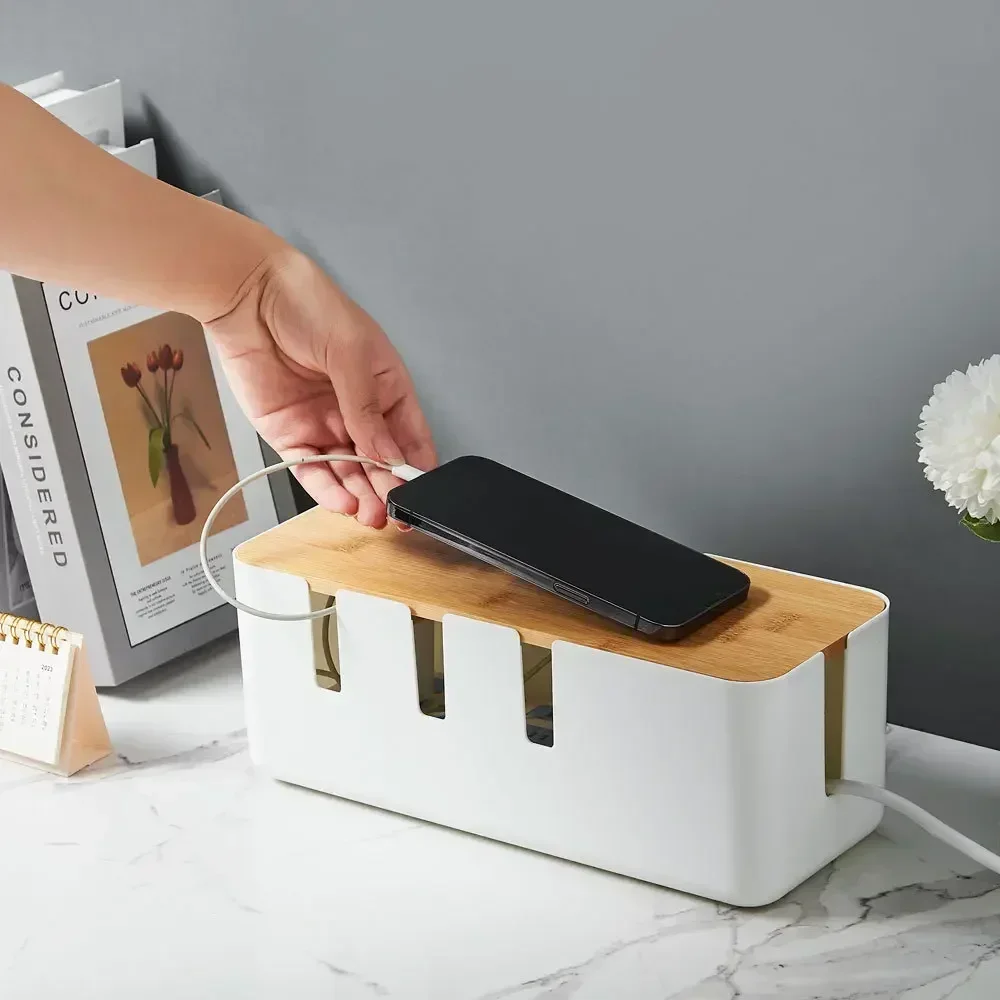 Desktop Cable Storage Box Bamboo Wood Seven-hole Power Line Wire Management Organizer Charger Socket Network Line Storage Bin 2