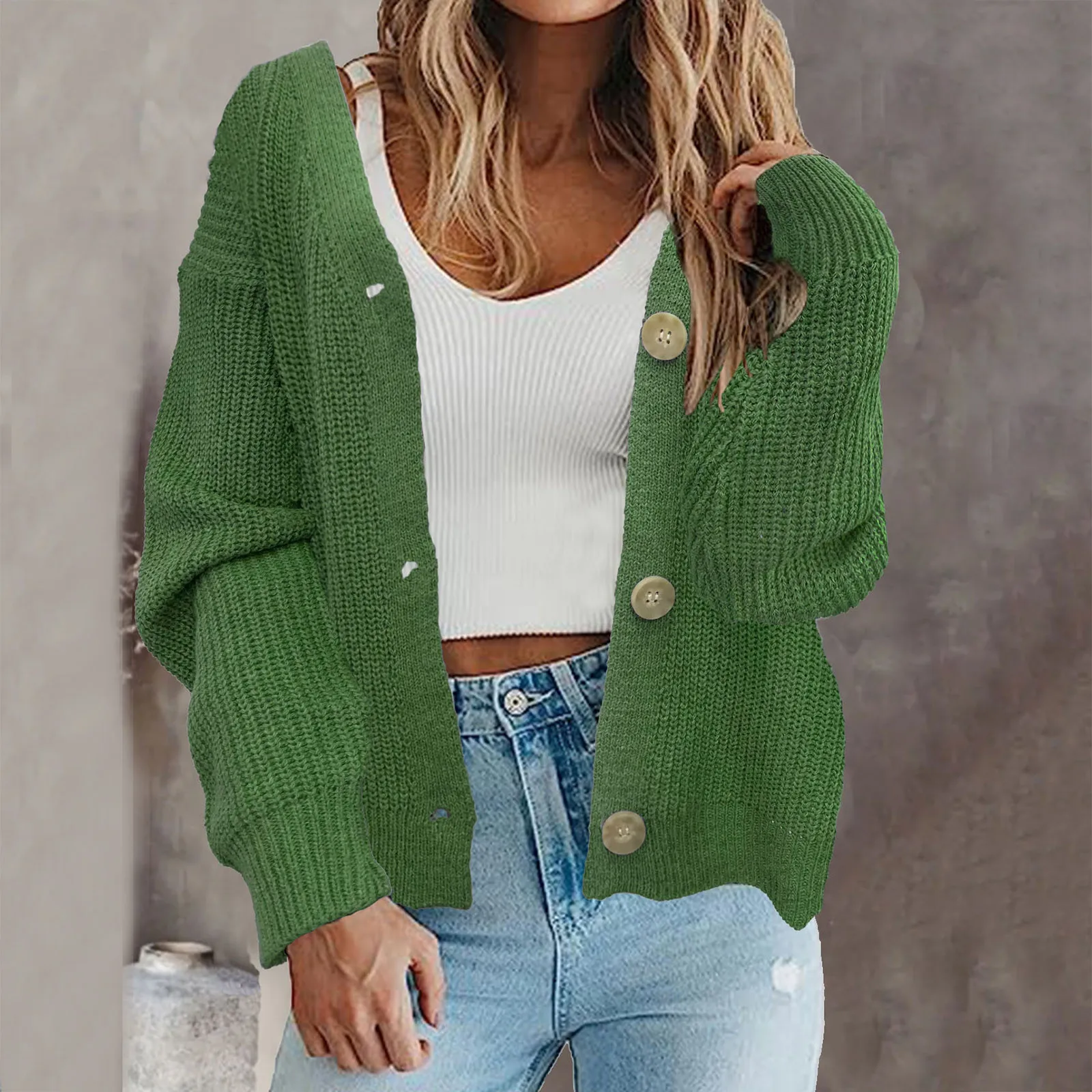 

Women'S Casual Fashion Solid Color Short Sweater Knitted Cardigan New Autumn Winter 2023 Loose Long Sleeve Jacket Plus Size Top