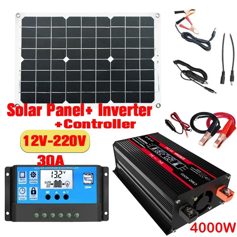 Grid Solar Inverter 110V/220V Solar Panel System 18V18W Solar Panel 30A Charge Controller 4000W Modified Sine Wave Inverter Kit