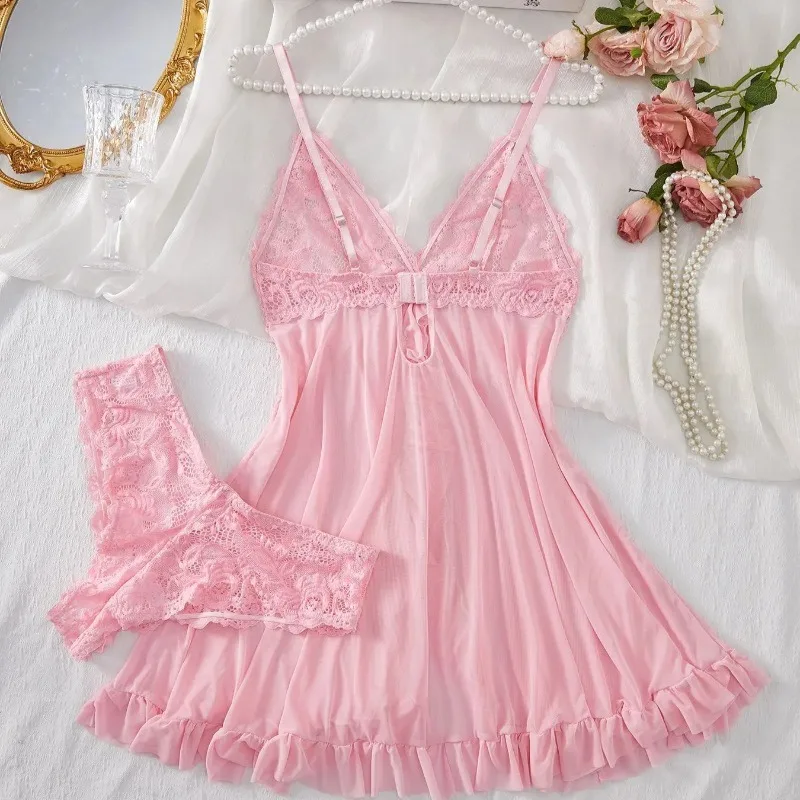 Ensemble de Lingerie Sexy pour femmes, soutien-gorge érotique, chemise de nuit, vêtements de nuit en dentelle, couleur unie, Slim, robes douces, col en V, Slip complet, vêtements de nuit et robes
