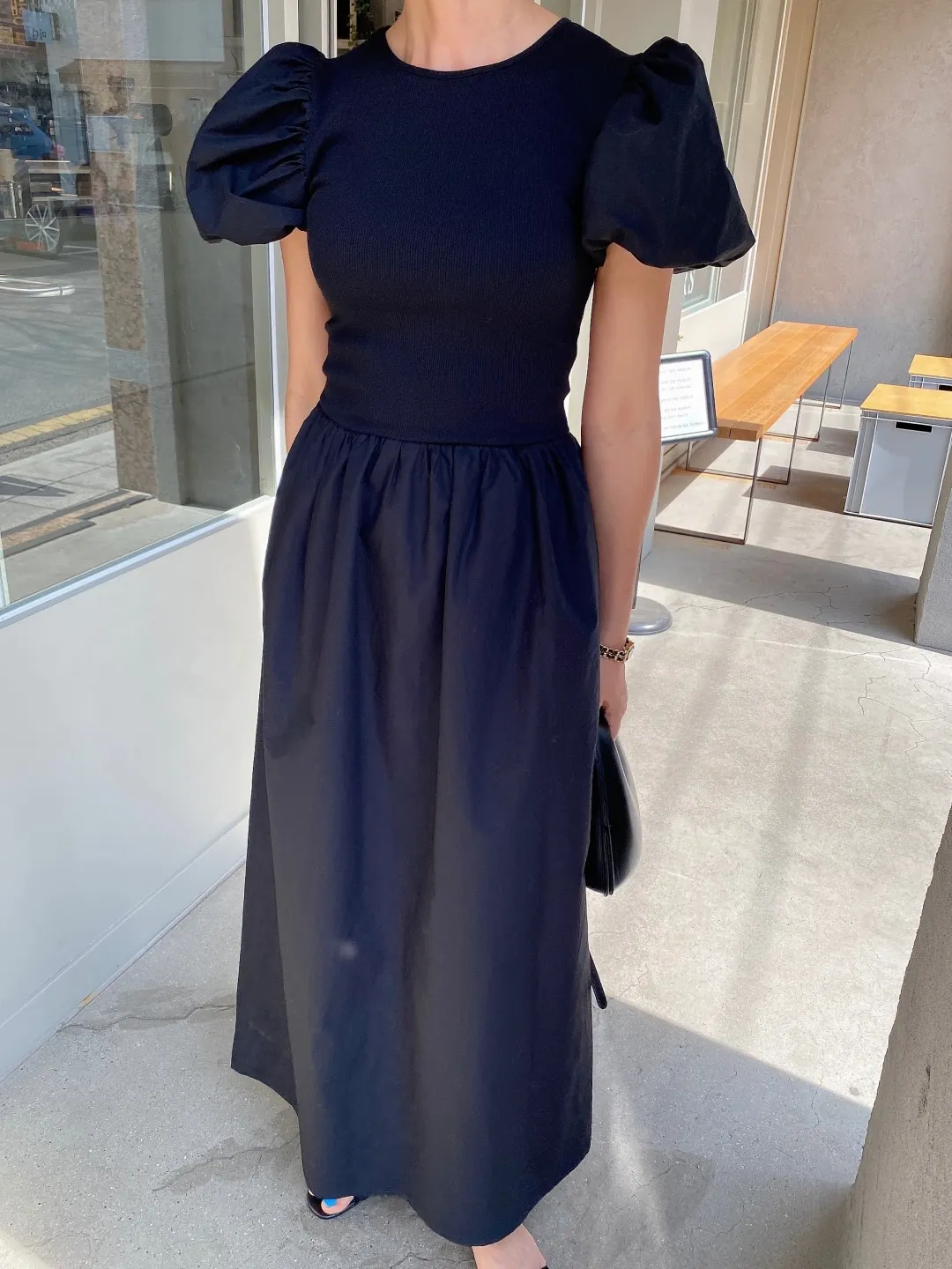

South Korea's small design sense patchwork bubble sleeved summer short sleeved long waistband slimming dress