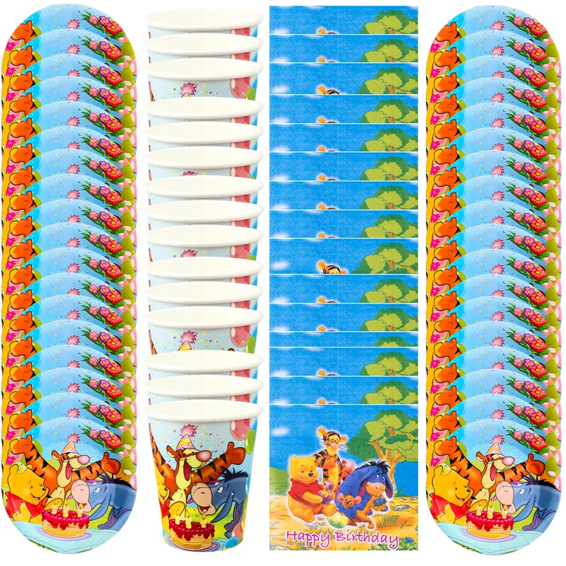 

60pcs/lot Winnie Bear Theme Cups Plates Napkins Kids Favors Decorate Tableware Set For Boys Kids Birthday Party Events Supplies