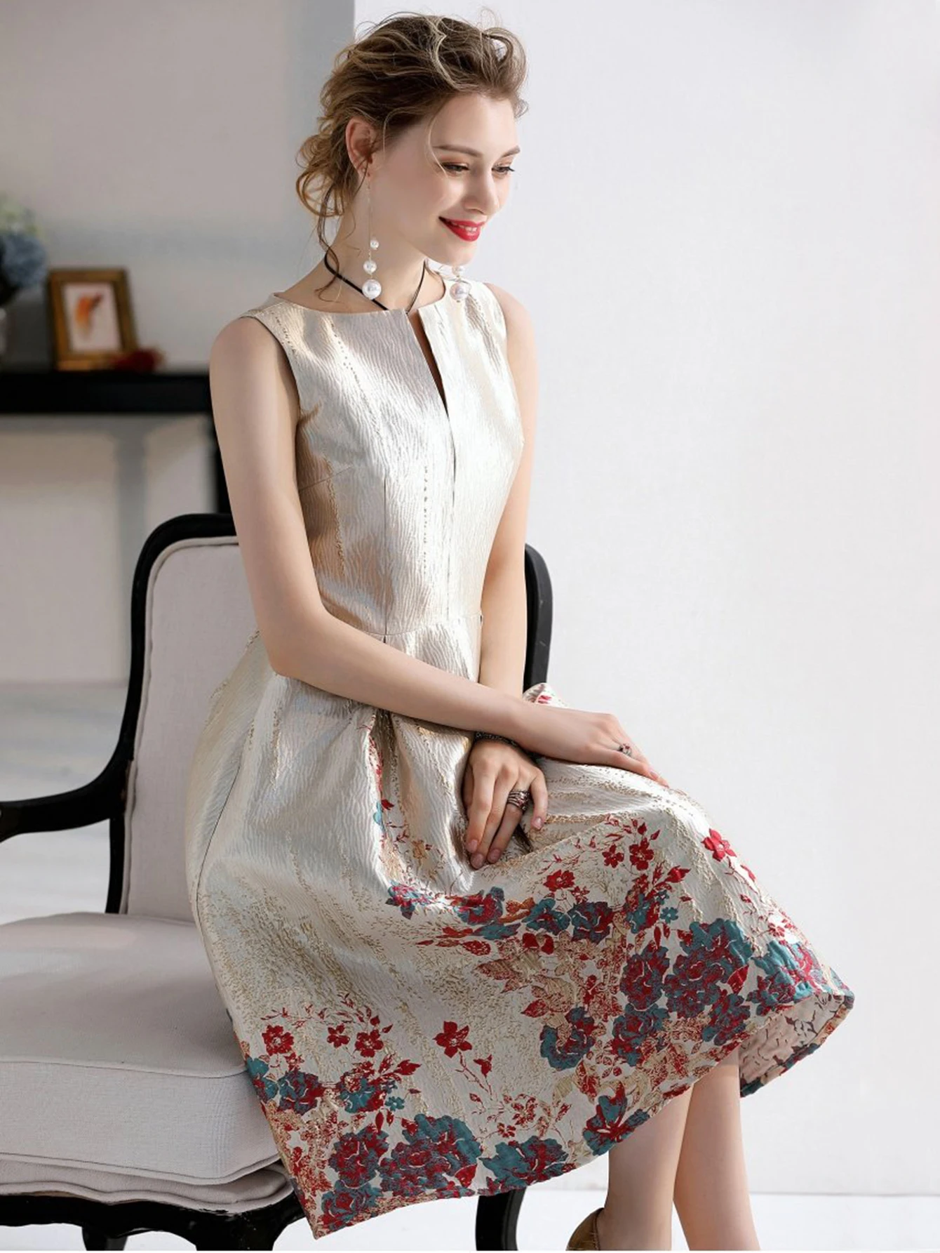 فساتين جاكار نسائية ، ثوب بلا أكمام ، ملابس غير رس...