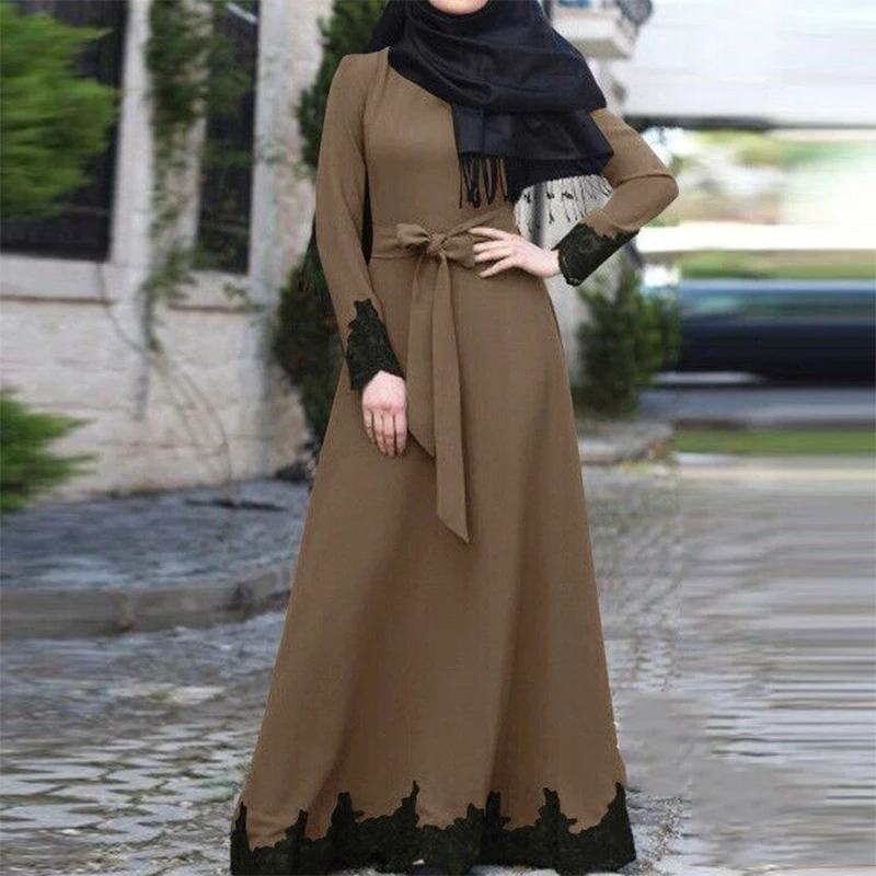 2022 Ramadan Black Lace Stitching Abayas Belt Modest Abayas for Female Middle Eastern Style African Women's Elegant Dress