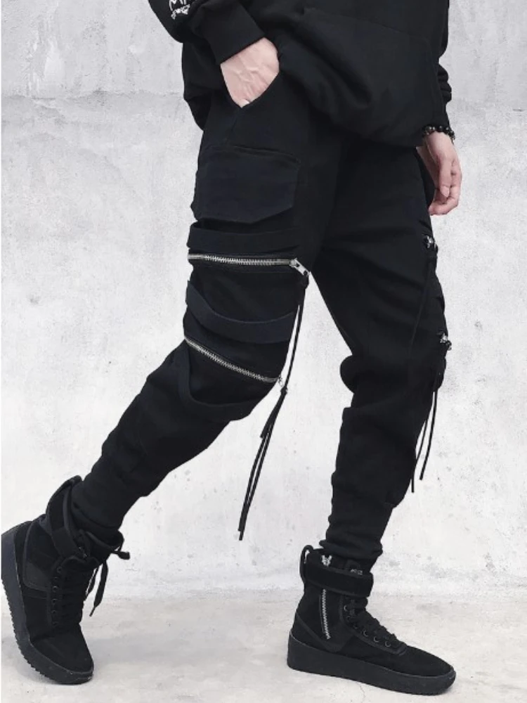 cheap cargo pants Harajuku Emo Black Cargo Pants Punk Pants Grunge Joggers Men Zipper Ribbon Jogging Techwear Autumn Korean Alt Clothes Male Jeans army cargo pants